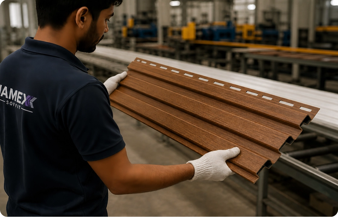 Finishing process applying the woodgrain surface to a Jamex panel