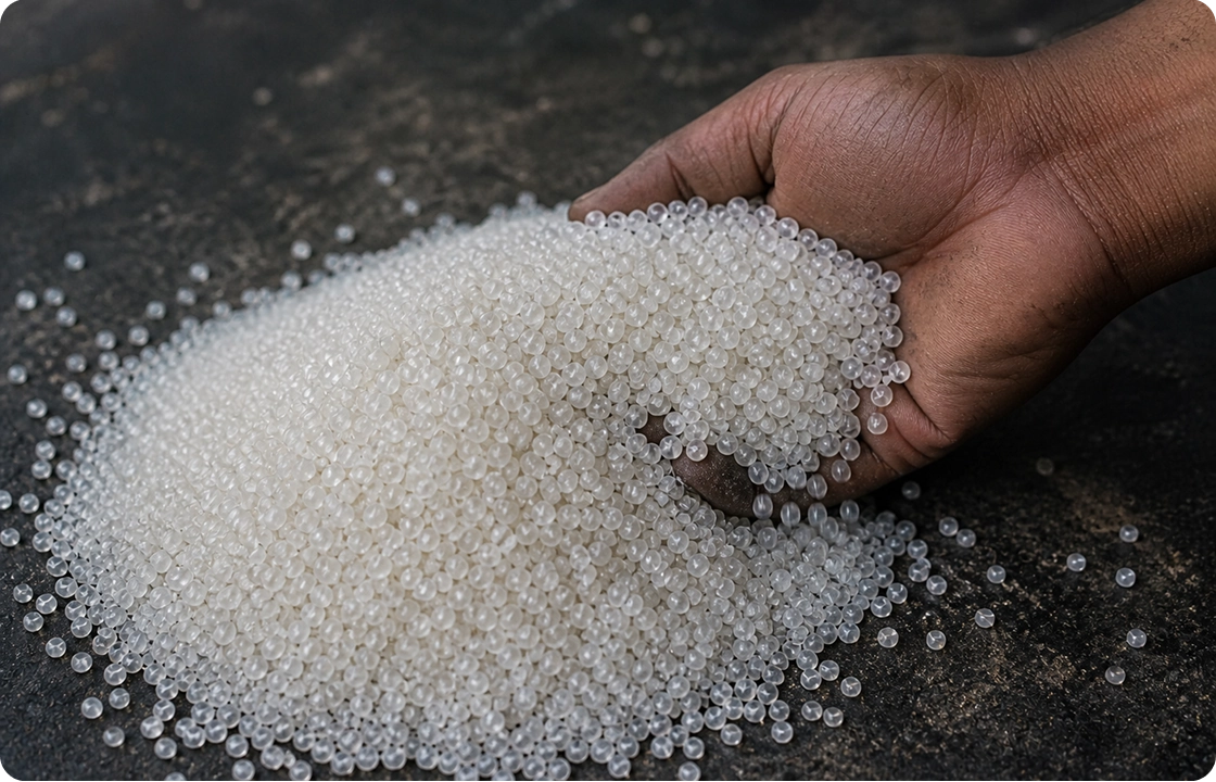 Hand holding PVC resin granules used to make Jamex panels